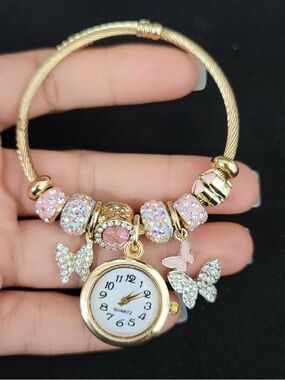 New Gold and Pink Butterfly Charm Watch Bracelet - Quartz Stainless steel